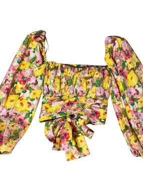 Zara Floral Puff-Sleeve Wrap Crop Top - Yellow Pink Green